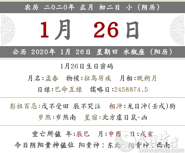 2020鼠年陰歷正月初二之·時辰宜忌時辰吉兇(圖文)